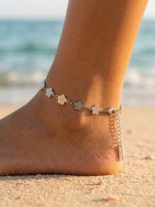 Elegante tobillera de acero inoxidable con textura plateada con trébol de cuatro hojas, joyería minimalista para el pie en vacaciones de playa - Plateado - Ver 6