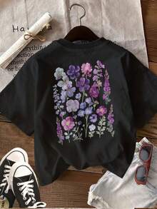 Women's Casual Summer Top, Floral Print, Blue And Purple Flowers, Round Neck, Short Sleeve T-Shirt 100% Cotton. - 黑色 - 查看 3