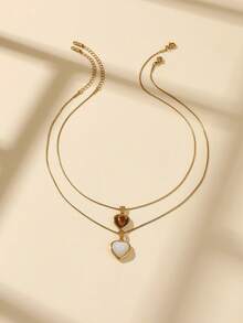 1pc Stainless Steel Golden Heart-Shaped Necklace Inlaid With Tiger Eye And White Gemstone, Adjustable Length, Suitable For Women's Daily Decoration Or Gift - Yellow Gold - View 3