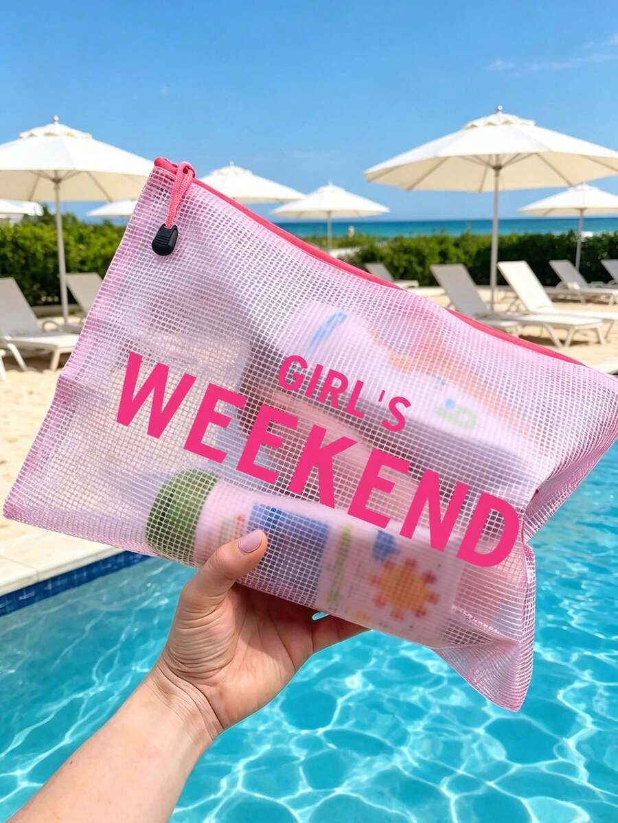 多色防水时尚网布沙滩包,印有“Glrl's Weekend”字样的彩色化妆包,沙滩主题。大容量透明化妆包,带尼龙拉链的洗漱包 - 轻便,可收纳防晒霜、零食、比基尼和沙滩必备品。春夏收纳,非常适合游泳和沙滩活动。 - 彩色 - 查看 1