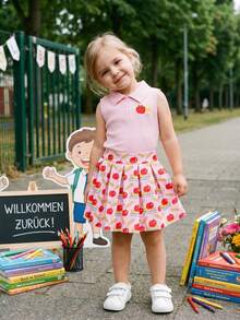 Toddler Girls Back To School Outfit Summer Cute Sleeveless Apple Embroidery Lapel Tops With Print Skirt 2Pcs Set - 粉色 - 查看 5