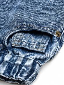 2-8歲小男孩休閒寬版中色水洗牛仔工裝短褲,刺繡工藝寬鬆版型,前開襟,半鬆緊腰帶,可調節鬆緊牛仔短褲,七分長 - 淺色水洗藍 - 查看 7