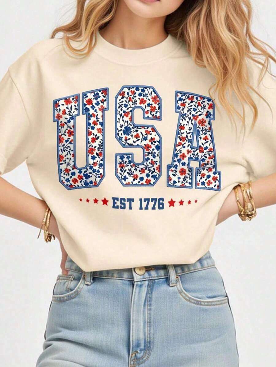 Camisetas de Mujer Estilo Vintage Americano, Camisetas Patrióticas Americanas Populares para Mujer, Camisetas para el Día de la Independencia, Viva América, Regalos para la gente, Camisetas Y2k - Azul Marino - Ver 1