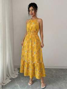 Vestido casual para mujer con camiseta estampada y cintura elástica - Amarillo - Ver 6
