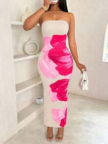 Vestido maxi floral estampado sin tirantes de moda para mujer - Albaricoque - Ver 4