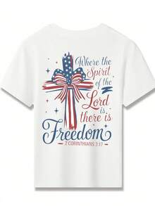 American Flag Leopard Heart Cross Print Girls' Short Sleeve Tee. 180g Comfy Fabric, Round Neck For Spring And Summer. Perfect For School, Casual Wear - White 5 - View 3
