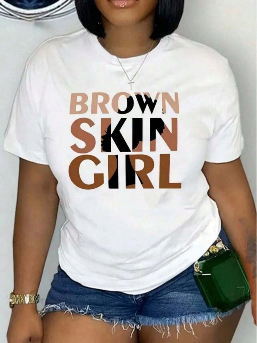 Camiseta de manga corta para mujer con estampado de "chica de piel morena".Transpirable, corte holgado.Adecuado para todas las estaciones, realza la belleza de la piel bronceada. - Blanco - Ver 1