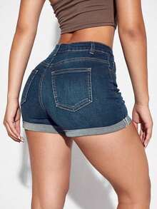 Shorts vaqueros casuales con bolsillos y puños para mujer - Azul 2 - Ver 2