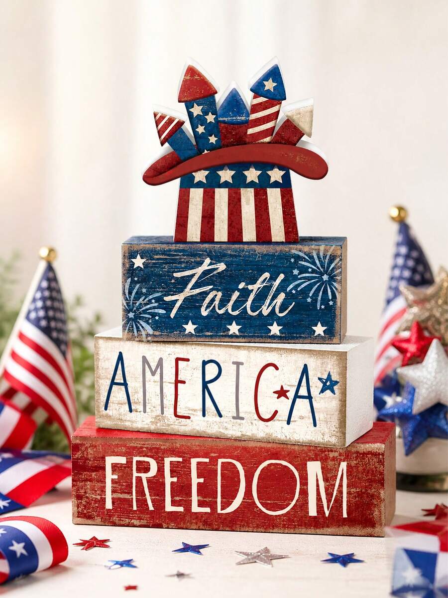 4pcs Patriotic Wooden Tiered Tray Decor, Suitable For July 4th Independence Day, Theme Of American Freedom, Red White Blue Color Tone, Independence Day Table Decor, Home Decor. Patriotic Anniversary Tiered Tray Decor, Suitable For Independence Day, Office Tiered Tray, Home Storage Rack, 250th Anniversary, Memorial Day, Veterans Day Party Decor, Home Decor, Party Supplies.