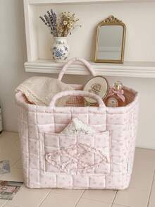 Rose Print Storage Basket With Dual Handles, Soft Quilted Floral Pattern With Pocket, Bedroom Clothes & Sundries, Clothing, Toys Organizer Storage Bin - Multicolor - View 8