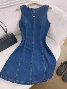 Vestido de mezclilla sin mangas con cuello redondo, espalda descubierta y atar atrás, para mujer en verano - Azul lavado oscuro - Ver 1