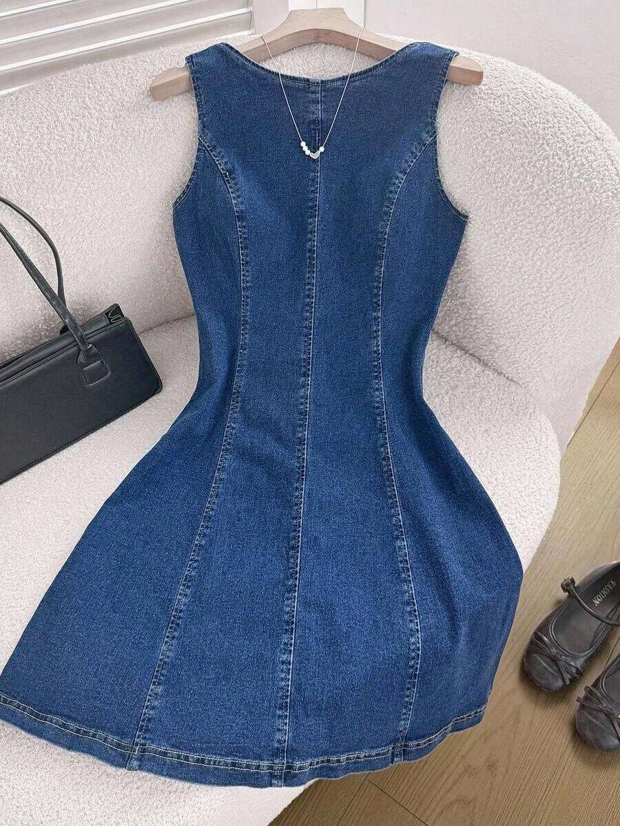 Vestido de mezclilla sin mangas con cuello redondo, espalda descubierta y atar atrás, para mujer en verano - Azul lavado oscuro - Ver 1