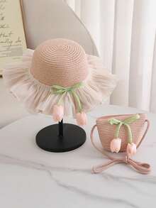 2pcs/Set Girls 2-8Y Tulip Flower Mesh Ruffle Sun Hat & Crossbody Bag Set, Cute Children Summer Beach Sun Hat, Suitable For Outdoor Travel Birthday Gift - 1 Set: Straw Hat + Bag - View 13