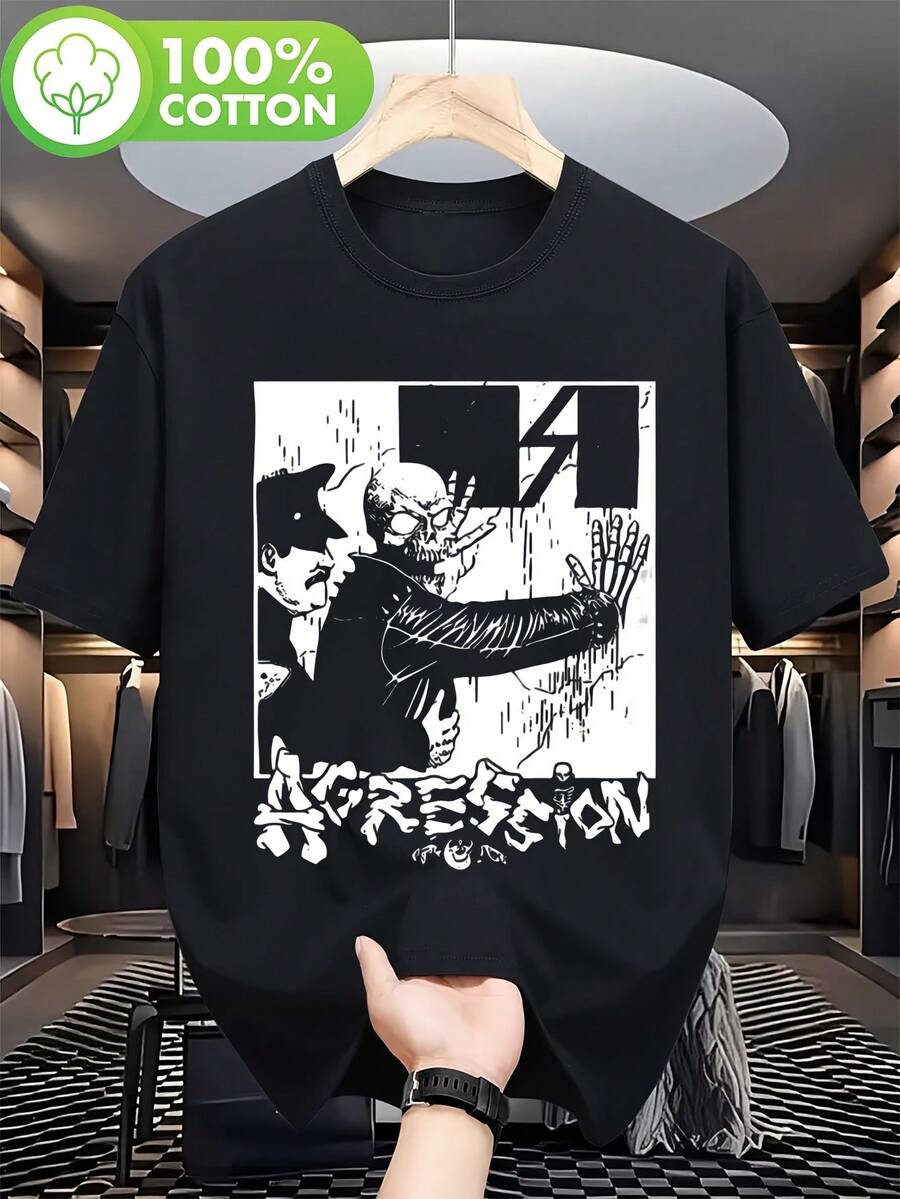 Camiseta gráfica de la banda Radical, peso de 180g, estilo punk hardcore, unisex, diseño de cuello redondo, tela ligeramente elástica, estampado de dibujos animados, de ropa urbana, DW1J03, material de punto para toda temporada, ajuste regular, suave y transpirable, adecuada para uso - Negro - Ver 1