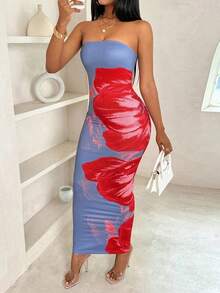 Vestido maxi floral estampado sin tirantes de moda para mujer - Multicolor 2 - Ver 1