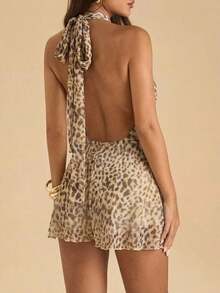 Vestido casual de verano para mujer de unicolor con hombros descubiertos - Marrón - Ver 2