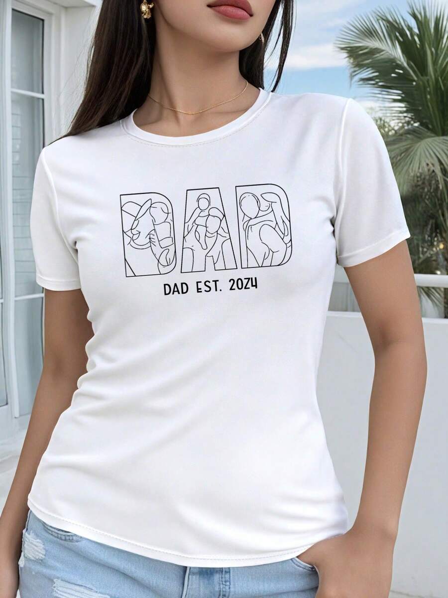 Camiseta de manga corta y corte regular para mujer - Gráfico geométrico 2D de arte lineal creativo que muestra momentos conmovedores de la familia, camiseta casual de manga corta y cuello redondo, adecuada para todas las estaciones, disponible en varios colores y tallas, moda festiva, estética - Blanco - Ver 1