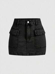 Minifalda de mezclilla cargo con bolsillo tipo flip de moda callejera casual de verano para mujeres - Negro - Ver 5