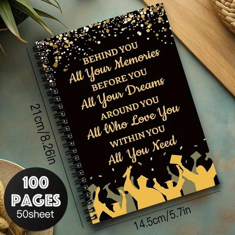1pc Black & Gold Congratulations Graduation Spiral Notebook, Suitable As Learning Supplies, Diary, Daily Checklist And Planner, Perfect Graduation Gift For College, Middle Or High School Graduates