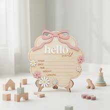 1pc "Hello World" Wooden Baby Birth Announcement Sign With Pink Bow, Cloud & Floral Pattern Newborn Name, Date, Time, Weight, Height Wooden Plaque, Hospital Newborn Notice Board, Baby Girl Nursery Photo Prop, Baby Girl Nursery Decor, Photo Prop And Keepsake - Hello World - View 4