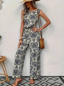 Monos sin mangas con estampado de cachemir para mujer, traje holgado de piernas anchas, informal, elegante, para oficina y vacaciones, novedad de verano - Colores Mezclados - Ver 1