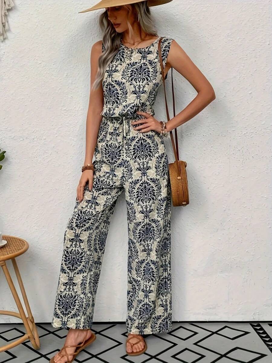 Monos sin mangas con estampado de cachemir para mujer, traje holgado de piernas anchas, informal, elegante, para oficina y vacaciones, novedad de verano - Colores Mezclados - Ver 1