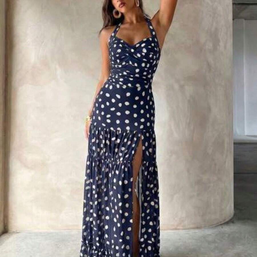 Asymmetrical Polka Dot Halter One Piece Swimsuit & Maxi Skirt Set For Women - Azul Marino - Ver 1