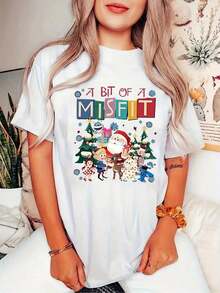 Camisetas gráficas, Camiseta de mujer con estampado de motivos navideños, estilo casual, cuello redondo, manga corta, camiseta deportiva sencilla, top cómodo para vacaciones de verano, corte holgado, tops de algodón para verano. - Blanco - Ver 1