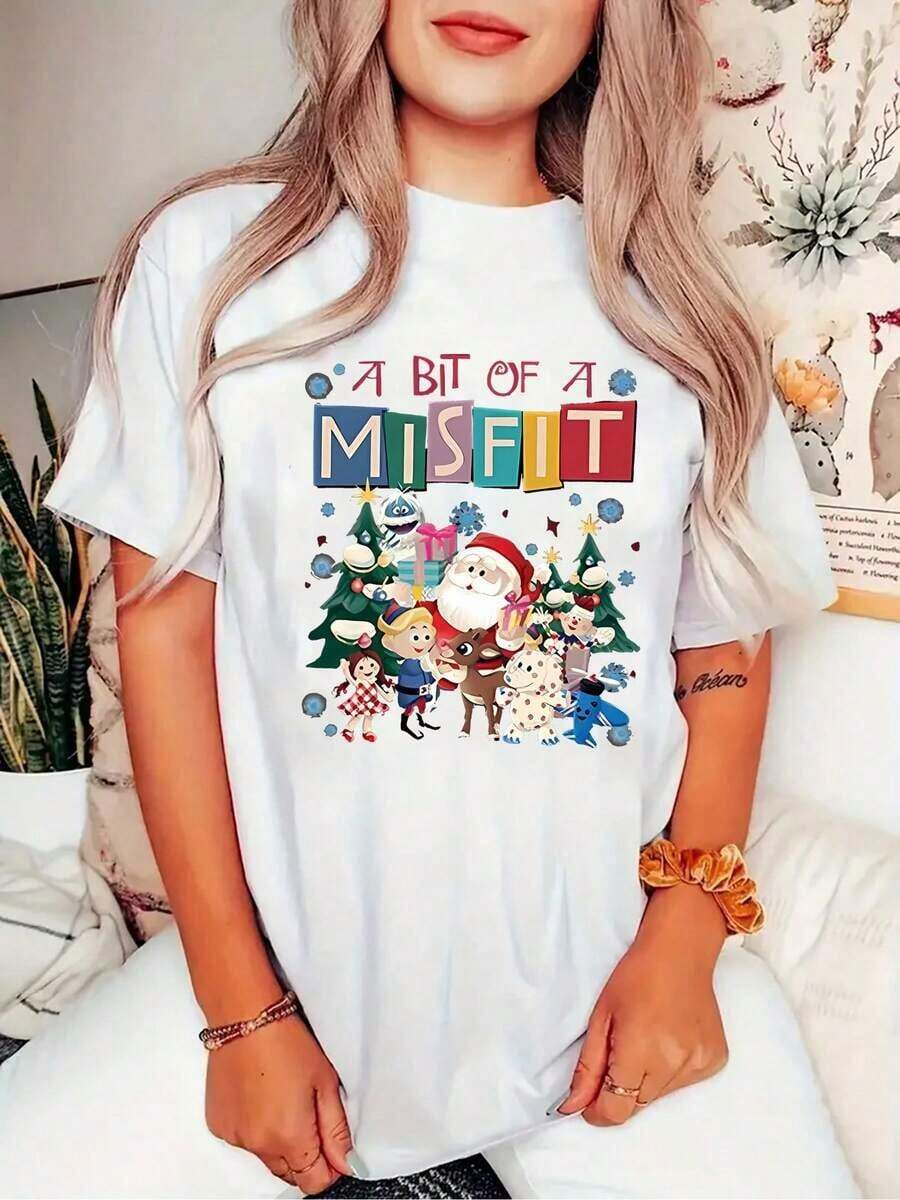 Camisetas gráficas, Camiseta de mujer con estampado de motivos navideños, estilo casual, cuello redondo, manga corta, camiseta deportiva sencilla, top cómodo para vacaciones de verano, corte holgado, tops de algodón para verano. - Blanco - Ver 1
