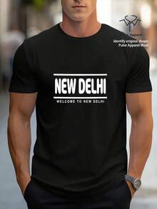 Single Item, Not A 3-Piece Set. Set Of 1 T-Shirt With New Delhi City Print - Casual Short Sleeve Crew Neck T-Shirts With Delhi Landmarks And Lettering, Comfortable Slim Fit Suitable For Daily Wear, Travel Souvenir Gift, Urban Style, Machine Washable - 黑色 - 查看 4