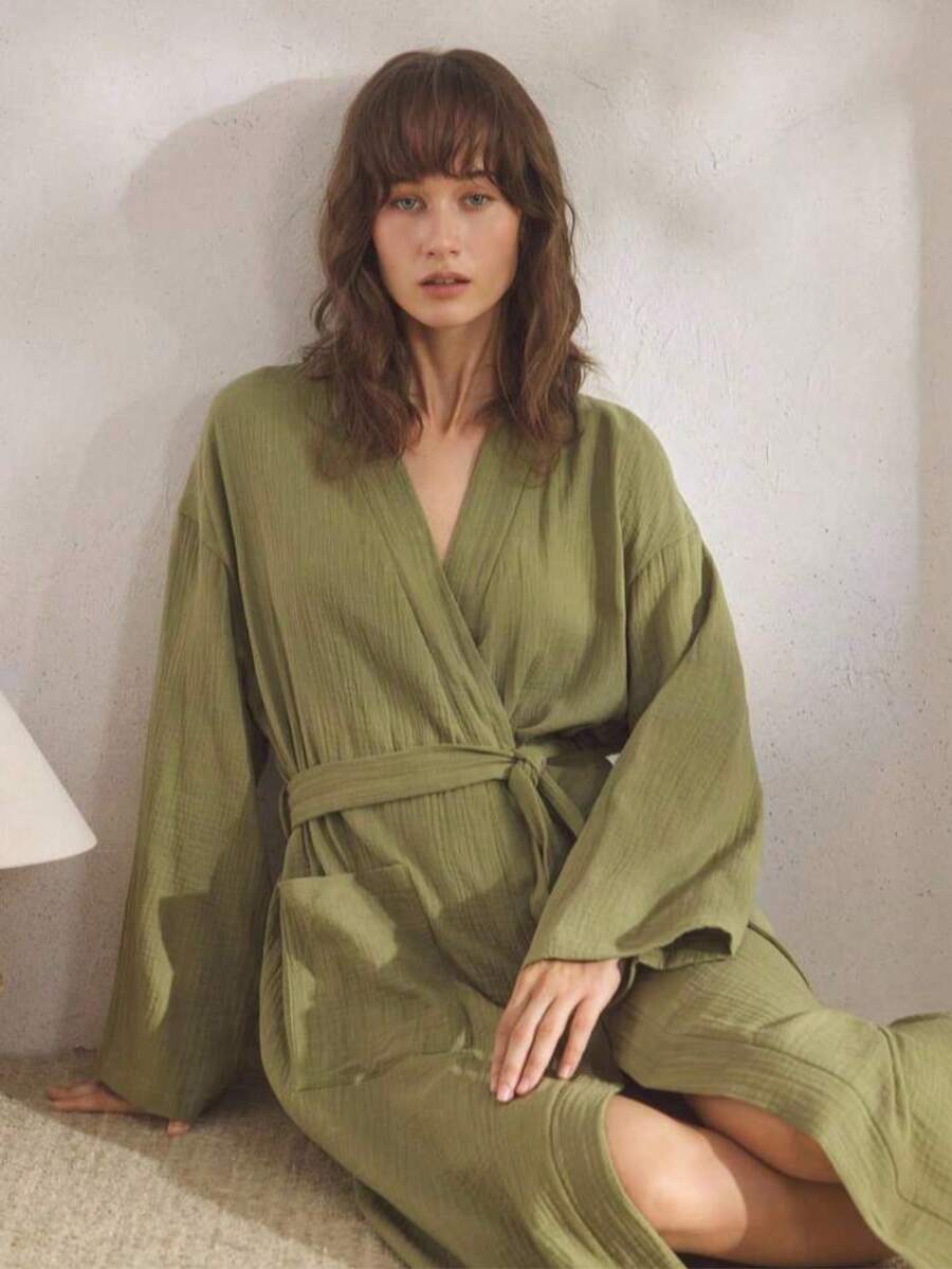 1pc Women's Casual Comfortable Soft Cotton Mesh Double-Layer Bath Robe, Cozy Loungewear Suitable For Autumn, Spring, Summer And Winter - Olive Green - View 1