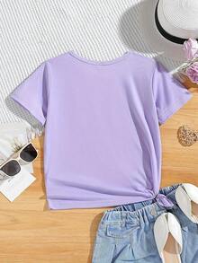 Una camiseta con letras y diseño de dibujos animados encantadora y casual para niñas, perfecta para el verano con sus mangas cortas y cuello redondo - Negro - Ver 10