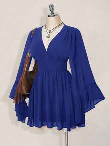 Vestido corto elegante de manga larga con cuello en V y cintura ceñida de unicolor para mujer - Azul - Ver 8