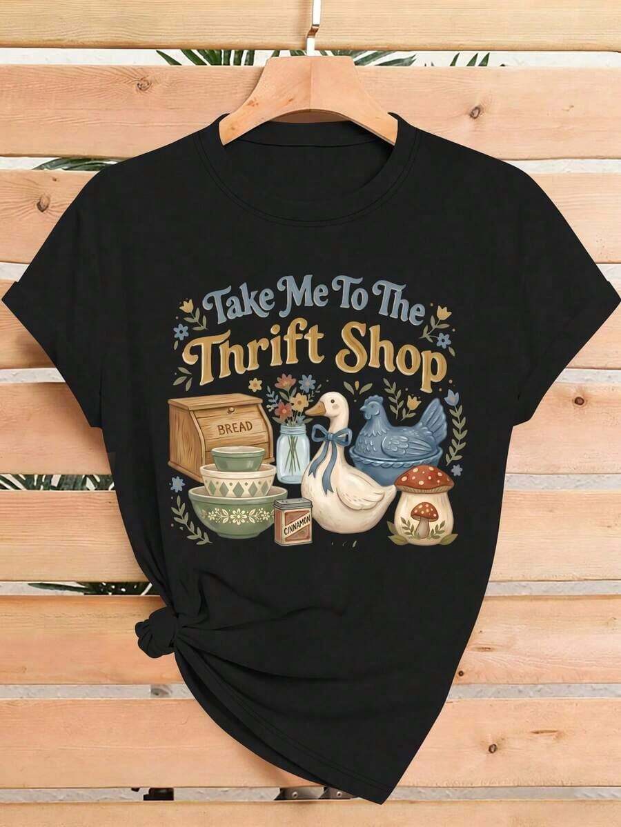 The Woman Took Me To An Antique Shop. Bohemian Print T-Shirt, Casual Short-Sleeved Round Neck Top, Perfect For Spring And Summer, An Ideal Gift For Birthdays Or Holidays, Casual T-Shirt For Work, Minimalist Short-Sleeved Top For The Office And Autumn, Elegant Blouses For Ladies, Women's Tops. - 黑色 - 查看 1