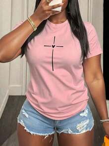 Camiseta de manga corta casual de ajuste ceñido para mujer con patrón de cruz para ropa de Año Nuevo - Rosa - Ver 5