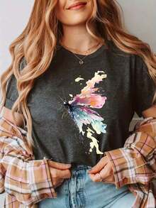 Plus Size Women's T-Shirt With Sparkling Butterfly Print - Casual Short Sleeve Crew Neck Top, Vintage Style For Vacation, Breathable Fabric, Machine Washable, Women's Spring Summer Clothing Y2k T-Shirt Shirt - 黑色 - 查看 10