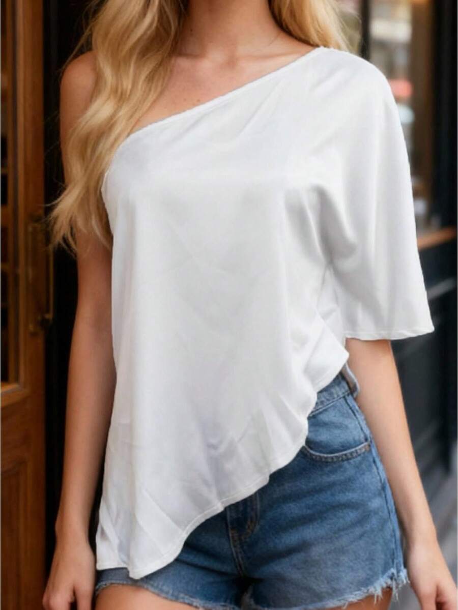 Women's Off One Shoulder Tops Fashionable Solid Color Dolman Sleeve Loose Fit Shirts - White - View 1