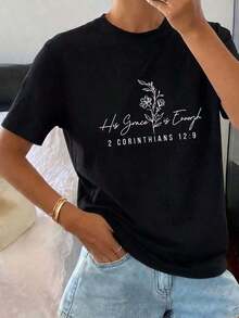 Camiseta con Estampado de Letras, Manga Corta, Cuello Redondo, Top Casual para Primavera/Verano, Personalizada, 100% Algodón - Negro - Ver 5