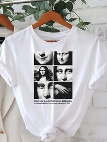 Camiseta con estampado artístico de la Mona Lisa de Leonardo da Vinci, diseño simple en blanco y negro, pintura vintage, manga corta, informal, versátil, para parejas, regalo creativo para amantes del arte. - Blanco - Ver 7
