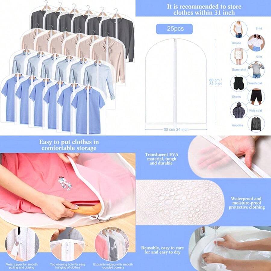 Chumia - 25 bolsas de ropa para colgar la ropa 24 x 32 pulgadas fundas de plástico transparente a prueba de polvo bolsas de vestir con cierre completa para viajes clóset adultos - Claro - Ver 1