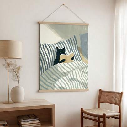 1pc Cat Reading Wall Art Picture Black Cat Prints Canvas Paintings Cat Illustration Posters Cat In Bed Decor For Cosy Bedroom,Living Room Dorm Room Decor Gift For Her Unframed Or Framed