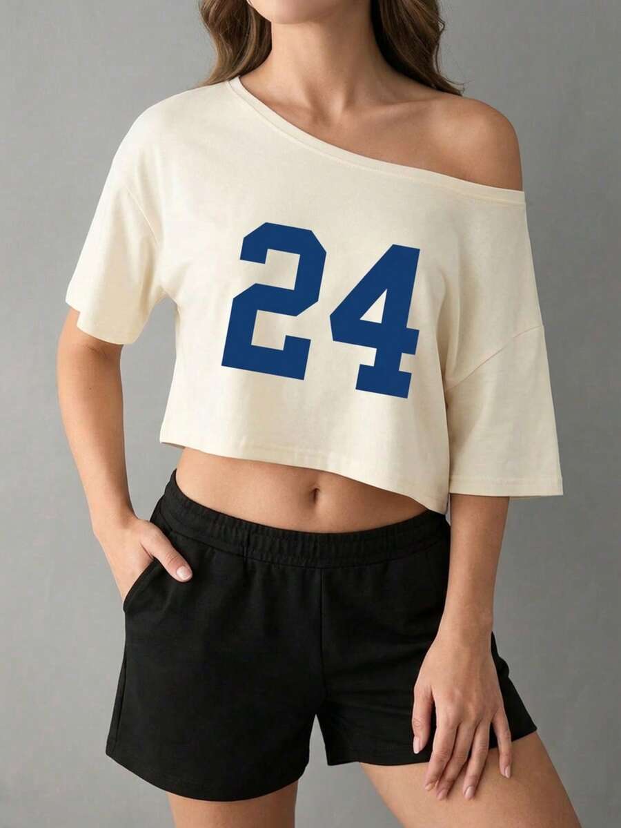 Áo croptop trễ vai dành cho nữ, áo thun ngắn tay cổ tròn in họa tiết thời trang, thích hợp cho các lễ hội âm nhạc mùa hè. - Màu be - Xem 1