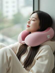 Pink Ergonomic U-Shaped Memory Foam Neck Pillow With A Free Storage Bag, Featuring Slow Rebound Technology For Travel, Breathable Detachable Machine-Washable Cover, Ultra-Light And Foldable Portable Design, Advanced Neck And Head Support, Suitable For Use In Airplanes, Cars, Offices For Rest, Indoor Home Use, Perfect For Naps, Reading, Watching Videos, A Comfortable And Soft Travel Pillow, Suitable For Daily Relaxation In All Seasons. - Pink - View 3