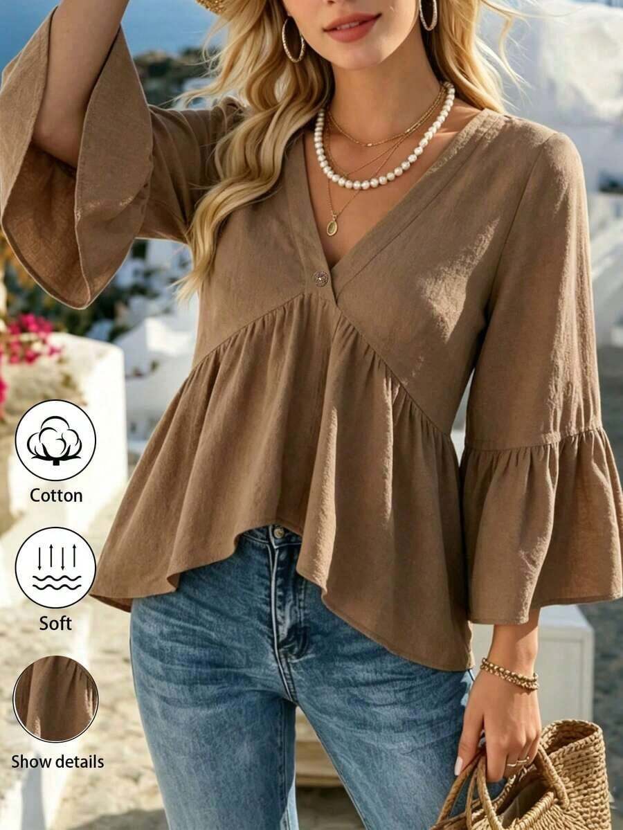 1 pieza de camisa casual para mujer , blanca, con cuello en V y mangas con volantes, 180g, 100% algodón. - Café integral - Ver 1