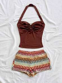 Conjunto informal de 2 piezas con top plisado de cuello halter de unicolor y shorts de bloques de color para mujer - Multicolor 11 - Ver 5