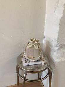 Fashionable Pearl Embossed Drawstring Box Crossbody Bag, Pearl Bag - 卡其色 2 - 查看 9