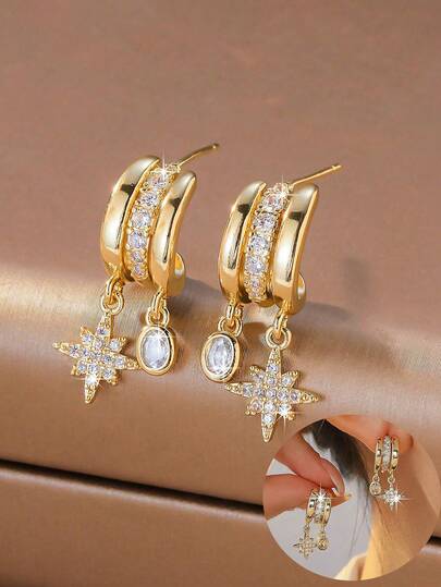 1 Pair Versatile Earrings For Women, Gold-Plated C-Shaped Octagonal Star Oval Zirconia Stone Niche Design Luxury Jewelry, Suitable For Dates, Parties, Work, And Daily Wear