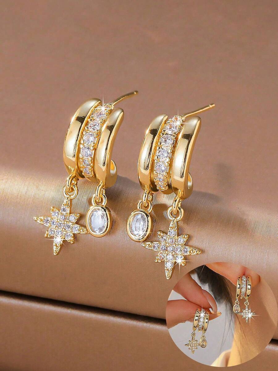 1 Pair Versatile Earrings For Women, Gold-Plated C-Shaped Octagonal Star Oval Zirconia Stone Niche Design Luxury Jewelry, Suitable For Dates, Parties, Work, And Daily Wear - Multicolor - View 1
