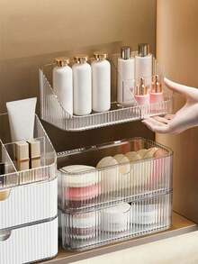 1pc Makeup Storage Box With Drawers, Transparent Cosmetic Organizer Box, Lipstick & Skincare Storage Box, Bathroom Vanity Organizer, Modern Style Convenient Storage For Home & Dorm - Transparent - View 1