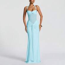 Sexy Spaghetti Strap Backless Waist Cinched High Slit Dress, Mesh Patchwork Vacation Party Dress Women's Fishtail Slim Fit Slip Dress Elegant Long Prom Dress For Spring & Summer - 淺藍色 - 查看 6